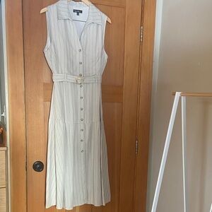 Nicole Miller Sleeveless Linen Button-Front Cream/Black Stripe Midi Dress